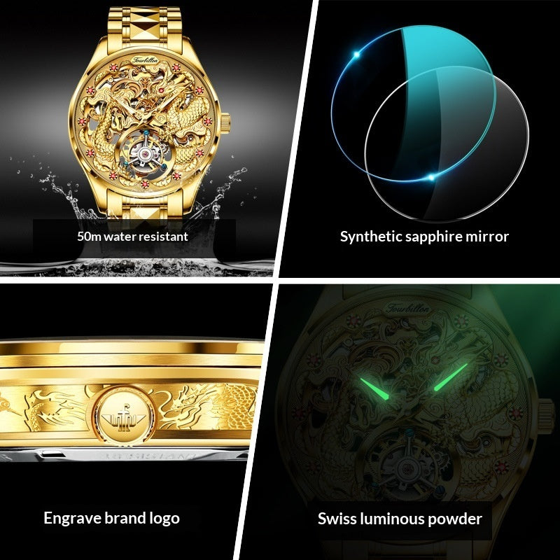 Reloj de lujo dorado resistente al agua para hombre con tourbillon