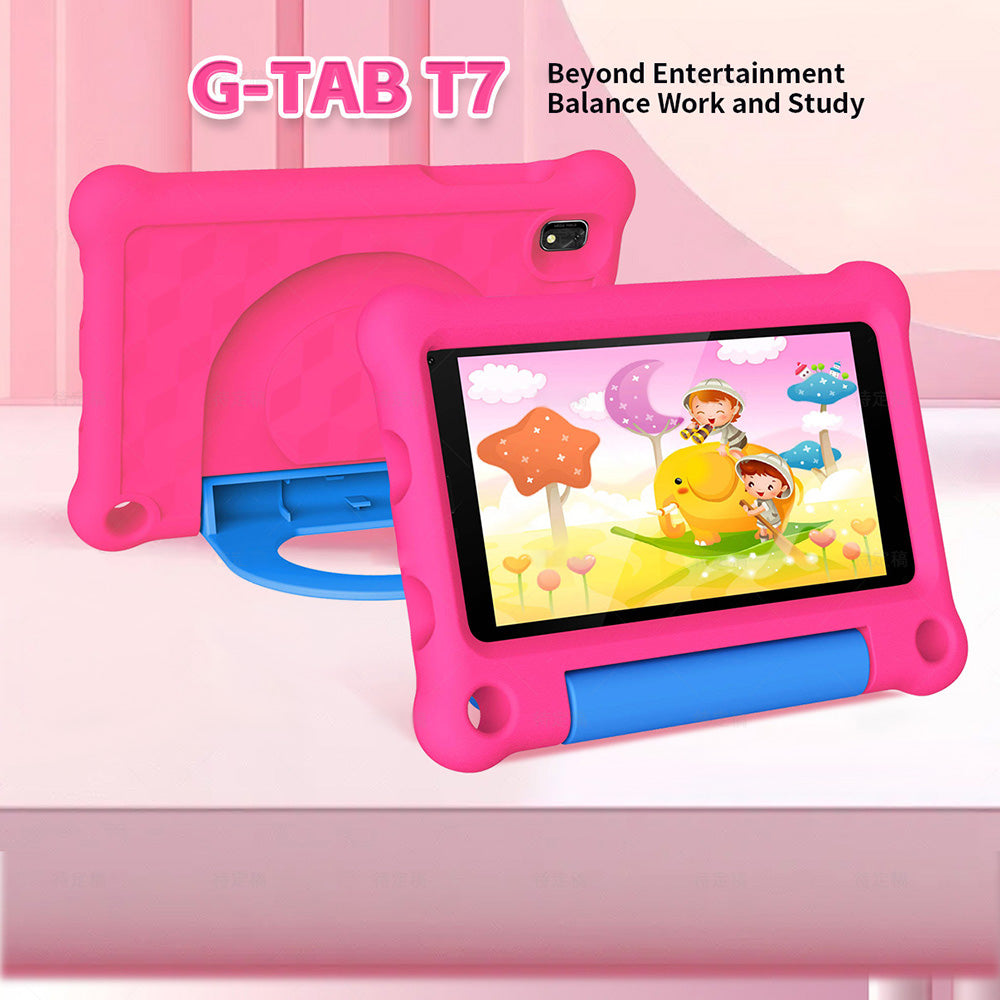 Tableta infantil G-tab T7Pro de 7 pulgadas con pantalla IPS de 1024 y 600 nits, Android 14, CPU de cuatro núcleos a 1,5 GHz, 4 GB de RAM, 2 GB de expansión y 2 GB de ROM, 64 GB de ROM, WiFi de 2,4 y 5 GHz, batería de 3000 mAh, cámara de 2 MP y 2 MP (rosa)