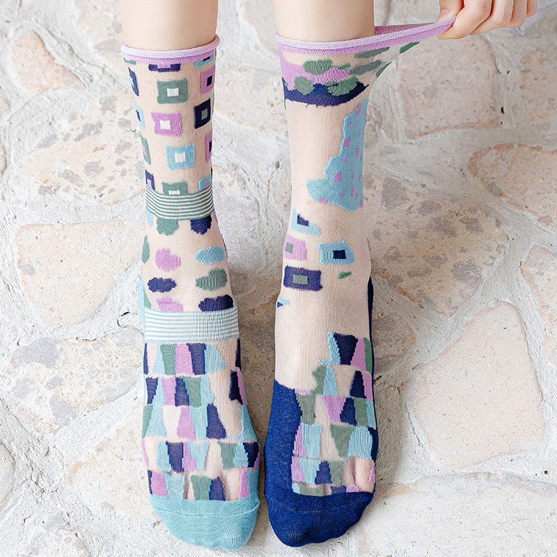 Calcetines tobilleros asimétricos con volantes de punto de fibra de vidrio para mujer