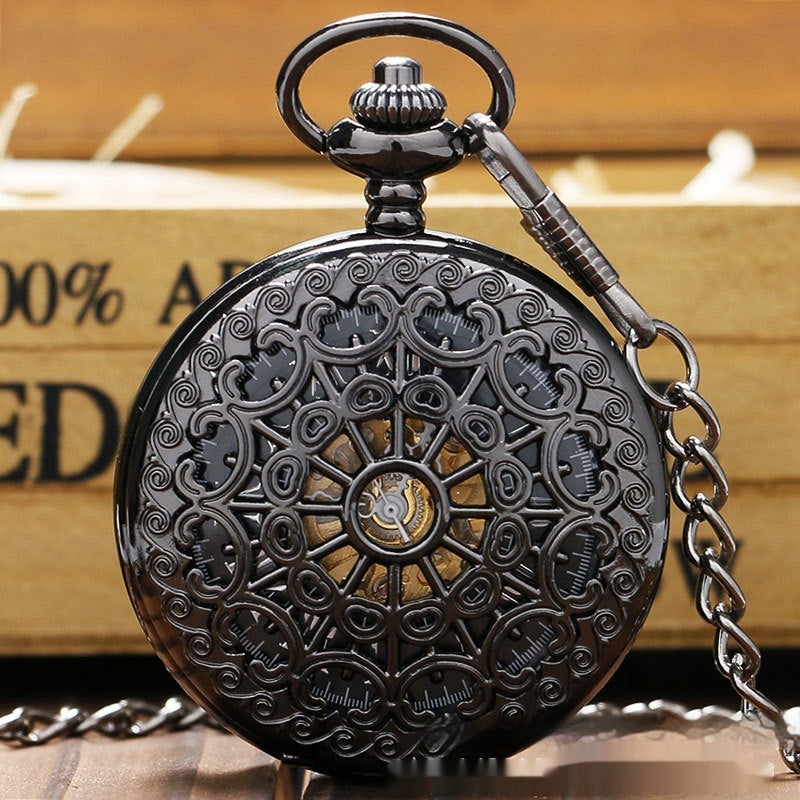 Reloj de bolsillo mecánico retro grande color pistola con diseño de telaraña