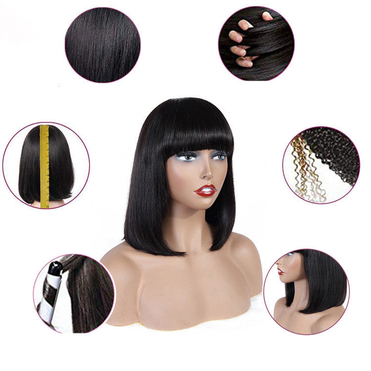 Peluca de cabello humano bob con tejido en la parte superior y forma de corazón, natural y realista.