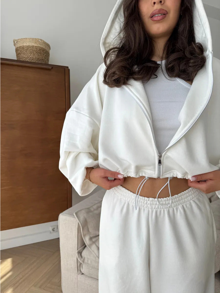 Conjunto informal para mujer: cárdigan de manga larga con cremallera y sudadera con capucha