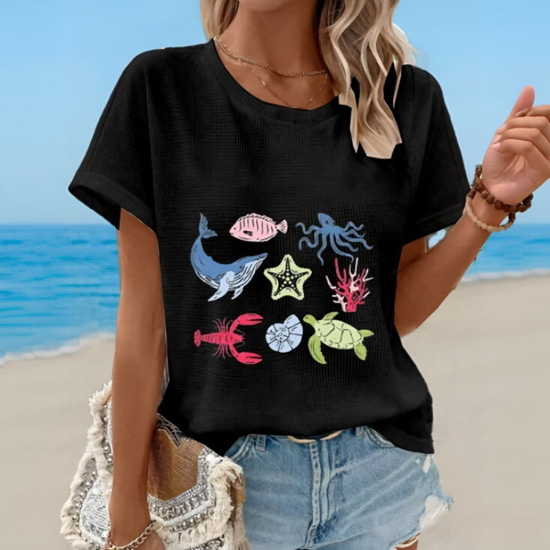 Camiseta de manga corta con cuello redondo y estampado transpirable de caparazón de tortuga marina