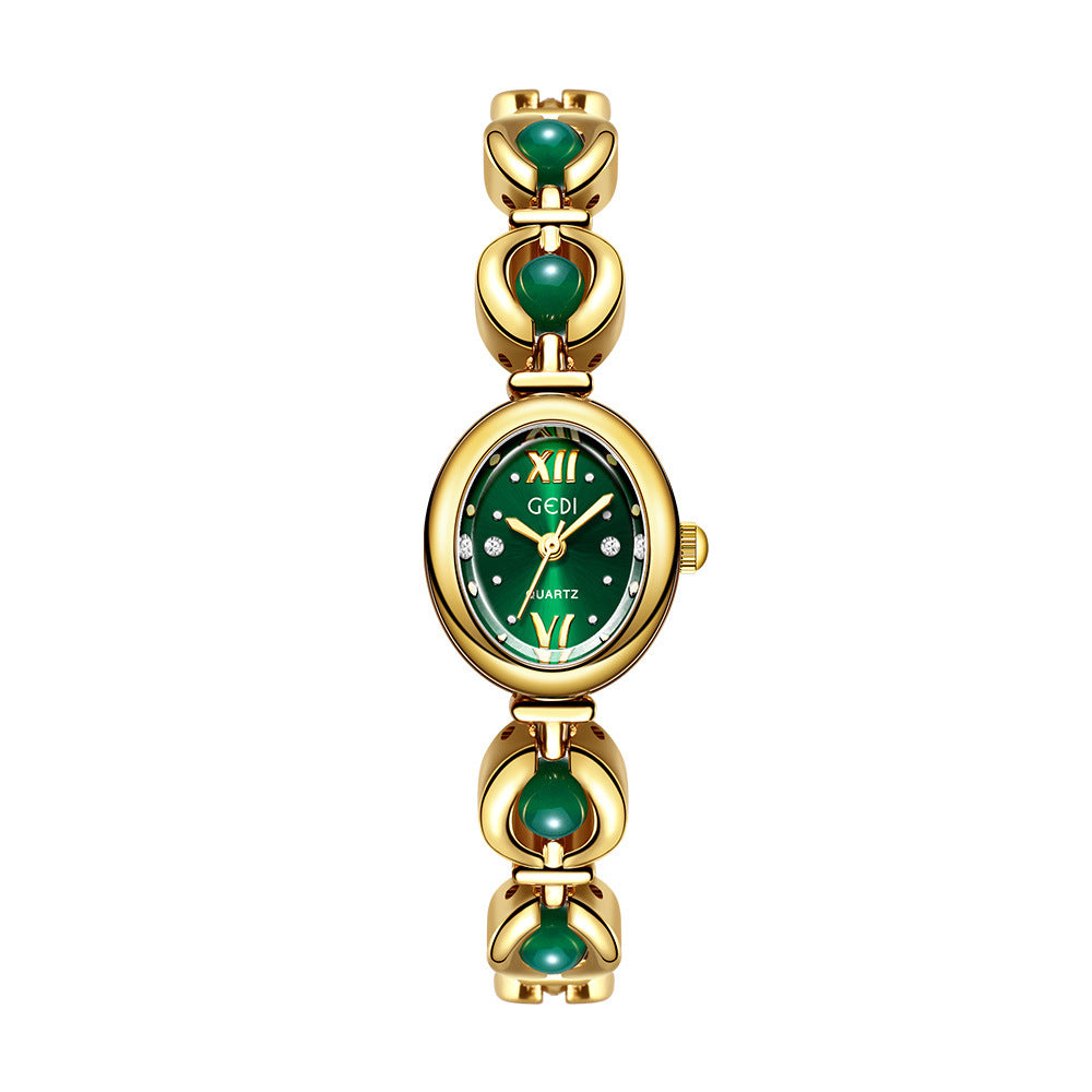 Reloj de pulsera Gedi de estilo nacional con esmeralda, atractivo, de nicho, de alta calidad, ligero, de lujo, con perlas de concha, exquisito reloj de cuarzo para mujer.