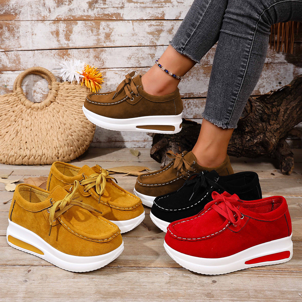 European And American-style Thick-soled Loafers With Front Laces And A Wedge Heelcasual Single-layer Shoes
