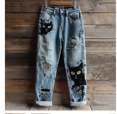 New Fashion Digital-print Denim Straight-leg Pants