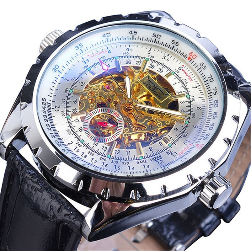 Reloj mecánico automático de esfera grande ahuecado con cristal azul para negocios y estilo informal.