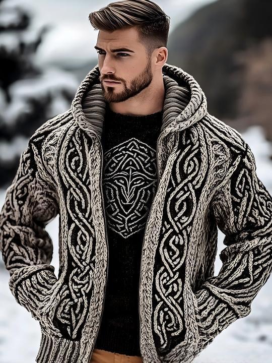Sudadera con capucha informal estampada con dos bolsillos y cremallera para hombre