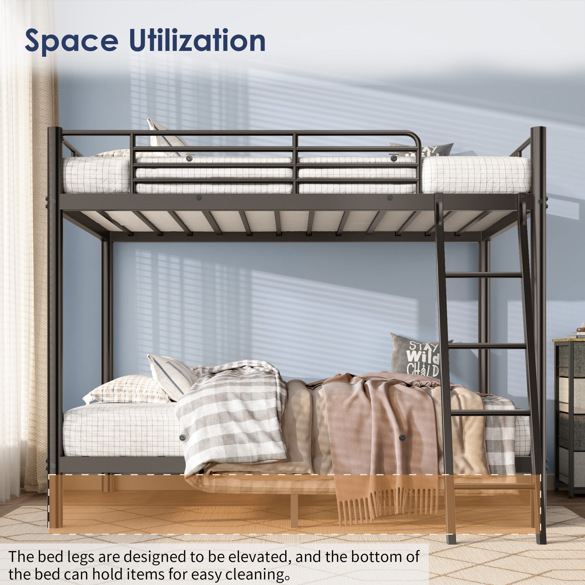 Litera tipo loft, tamaño individual sobre individual, con escalera y barandilla, listones de metal resistentes, sin necesidad de somier, mueble compacto para dormitorio, color negro