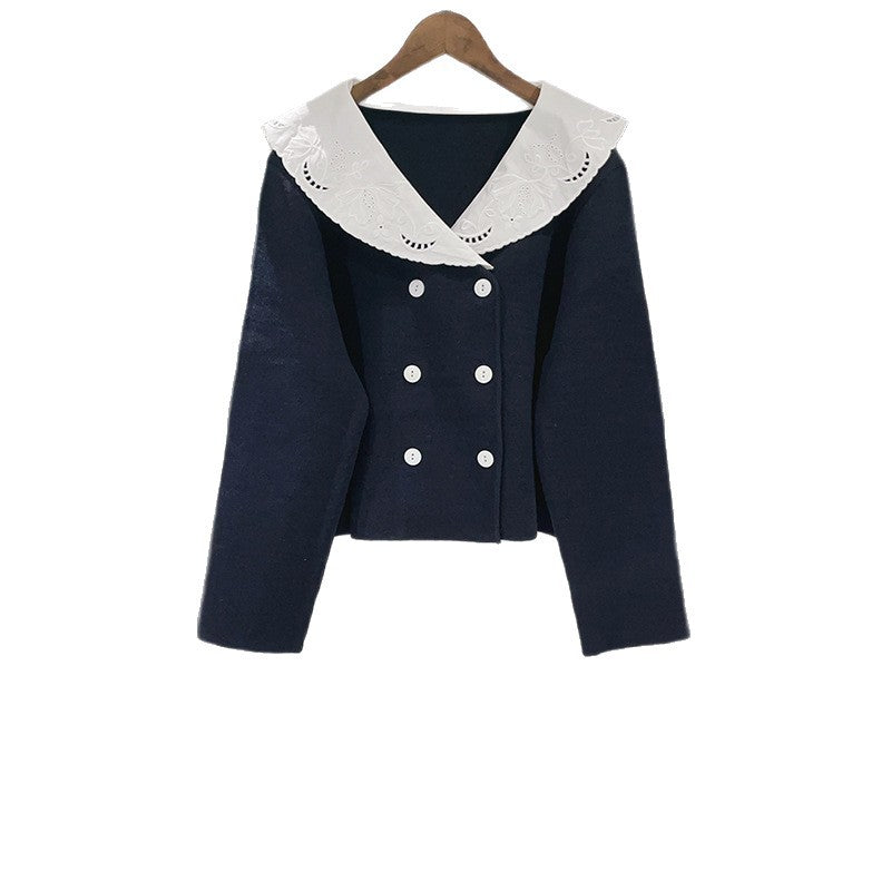 Abrigo de punto con encaje calado y bordado de moda para mujer