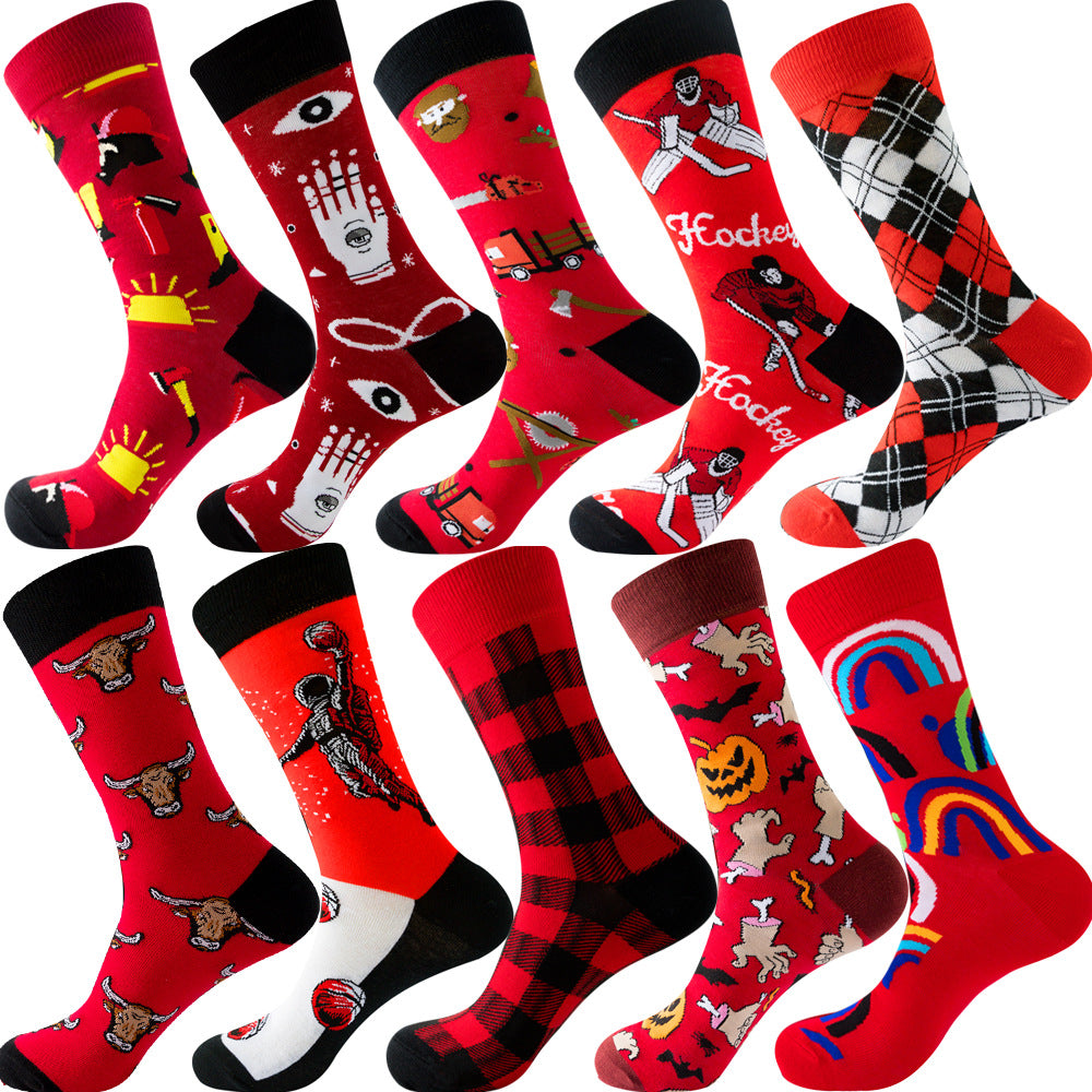 Calcetines de otoño para hombre con estampado de rombos y temática navideña de animales y frutas.