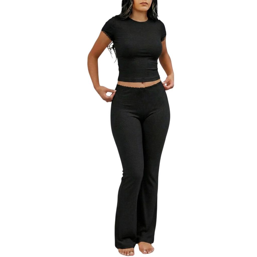Conjunto de dos piezas de color liso con camiseta de manga corta y pantalón largo para mujer