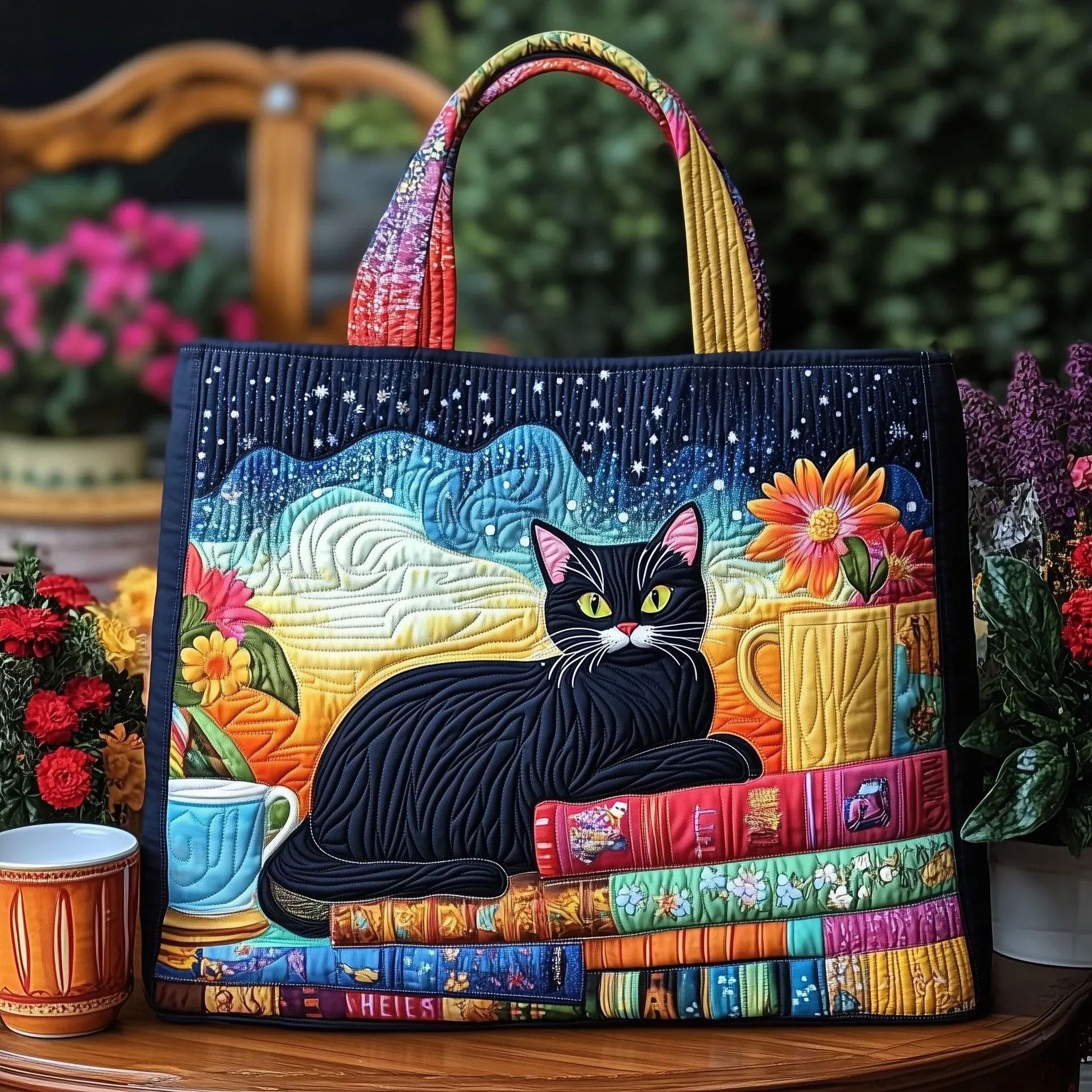 Bolso tote creativo de gran capacidad con impresión digital y bordado acolchado.