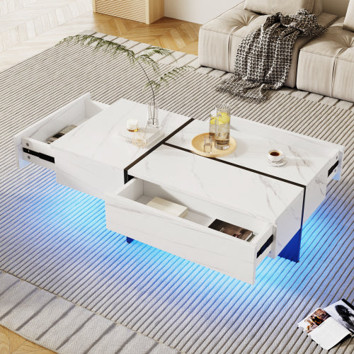 Mesa de centro de alto brillo, estructura efecto mármol blanco con elevadores negros a juego, mueble de salón con sistema de iluminación LED controlado por app.