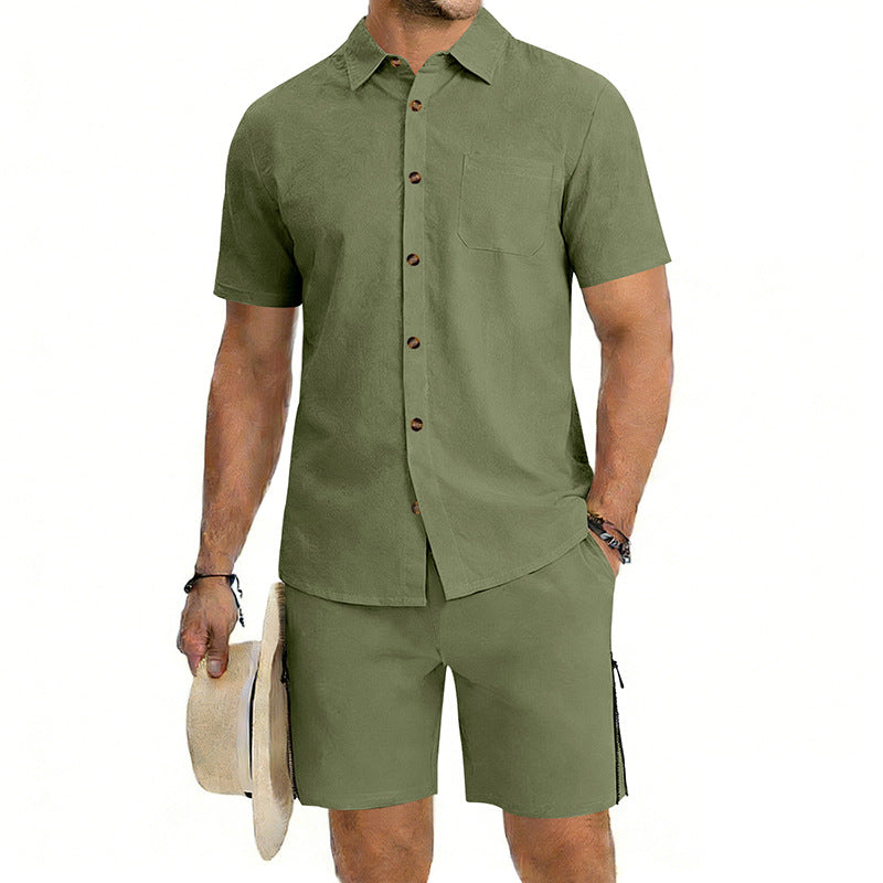 Mens Short-Sleeve Button-Down Shirt Drawstring Shorts Two-Piece Set
