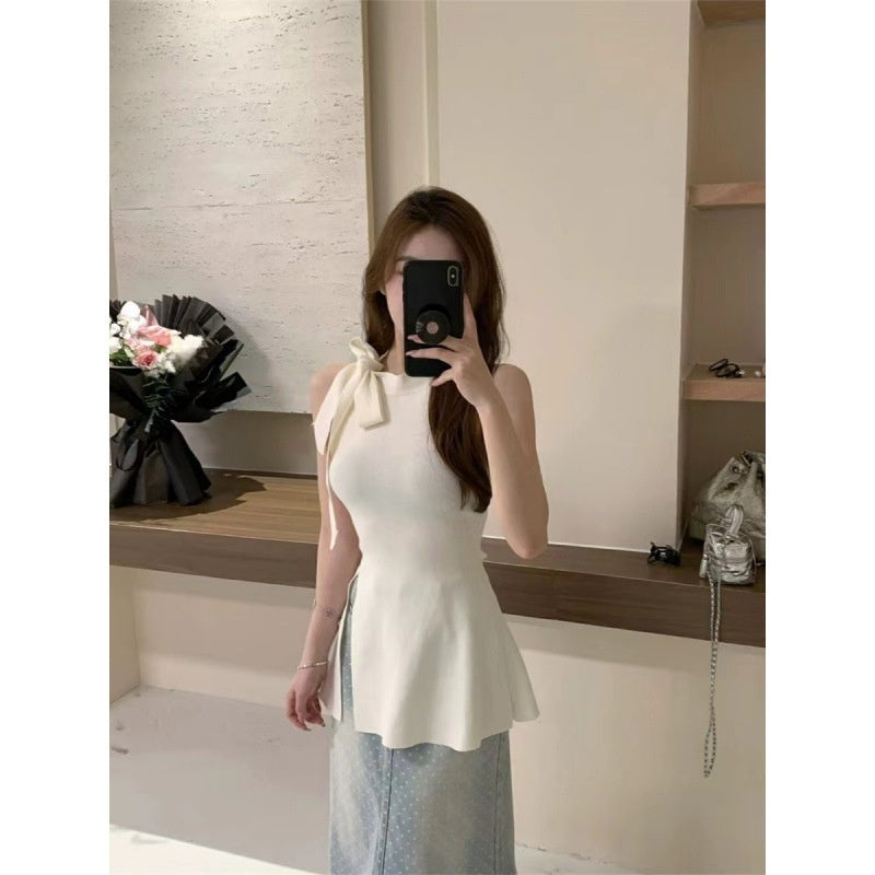Sweet Lace-up Bow-Knot Slit Cami Shirt