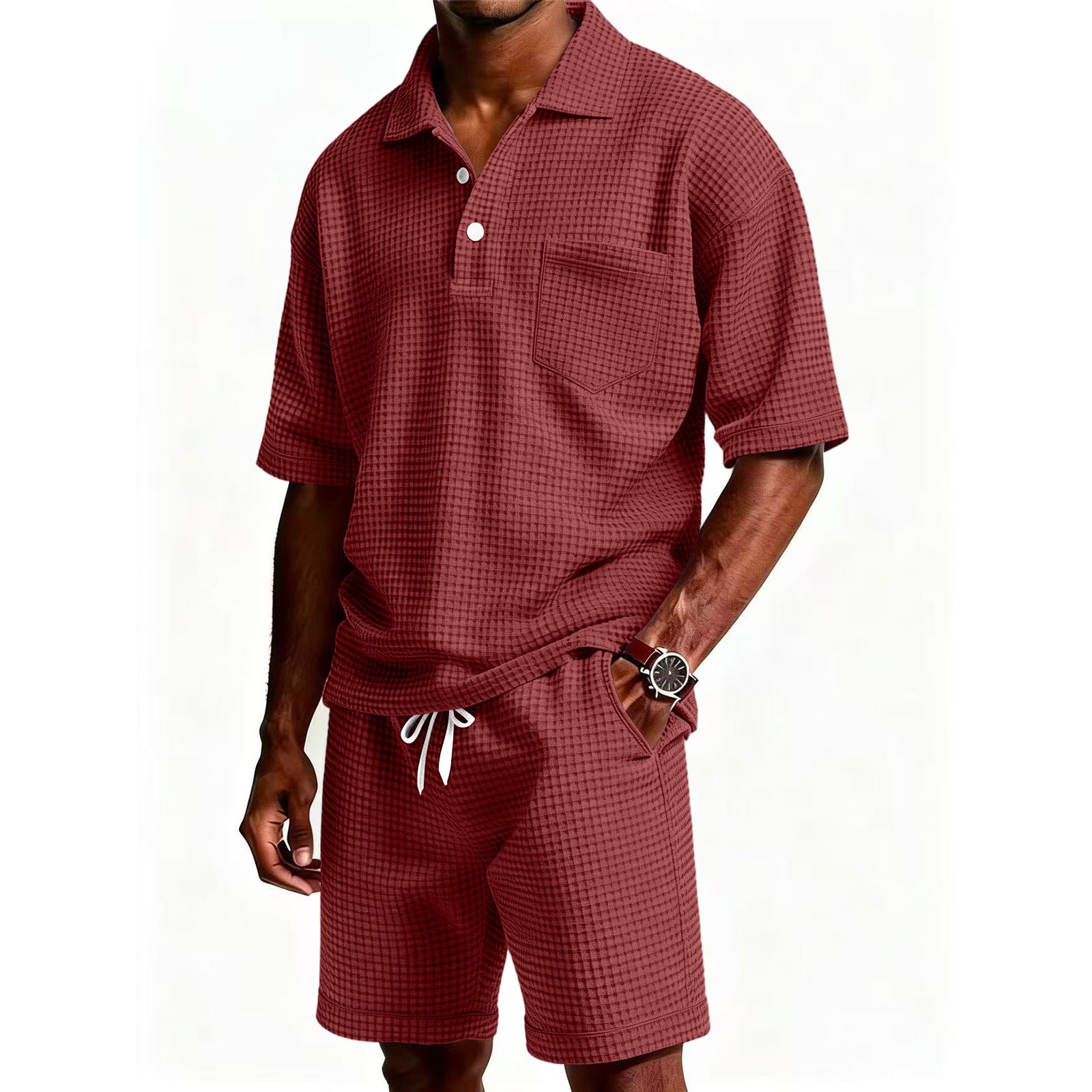 Men's Solid Color Lapel Short-Sleeve Shorts Set
