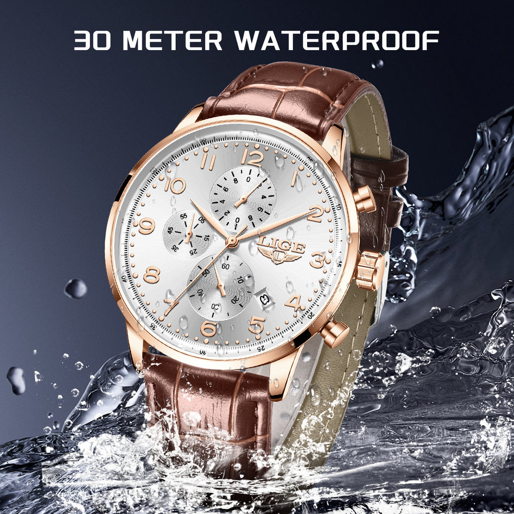 Reloj mecánico de negocios para hombre, multifuncional, con calendario y correa de cuero, resistente al agua