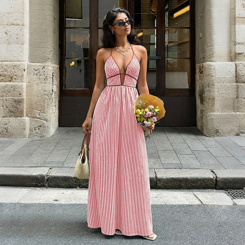 New Deep V-Neck Striped Resort Dress
