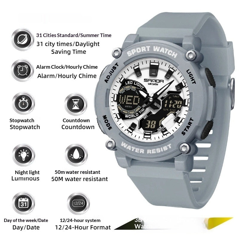 Reloj cronógrafo luminoso de doble pantalla para estudiantes, ideal para senderismo.