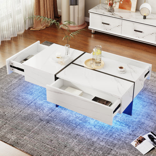 Mesa de centro de alto brillo, estructura efecto mármol blanco con elevadores negros a juego, mueble de salón con sistema de iluminación LED controlado por app.