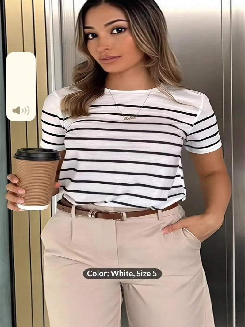 Womens Crew-neck Striped Short-sleeve T-shirt