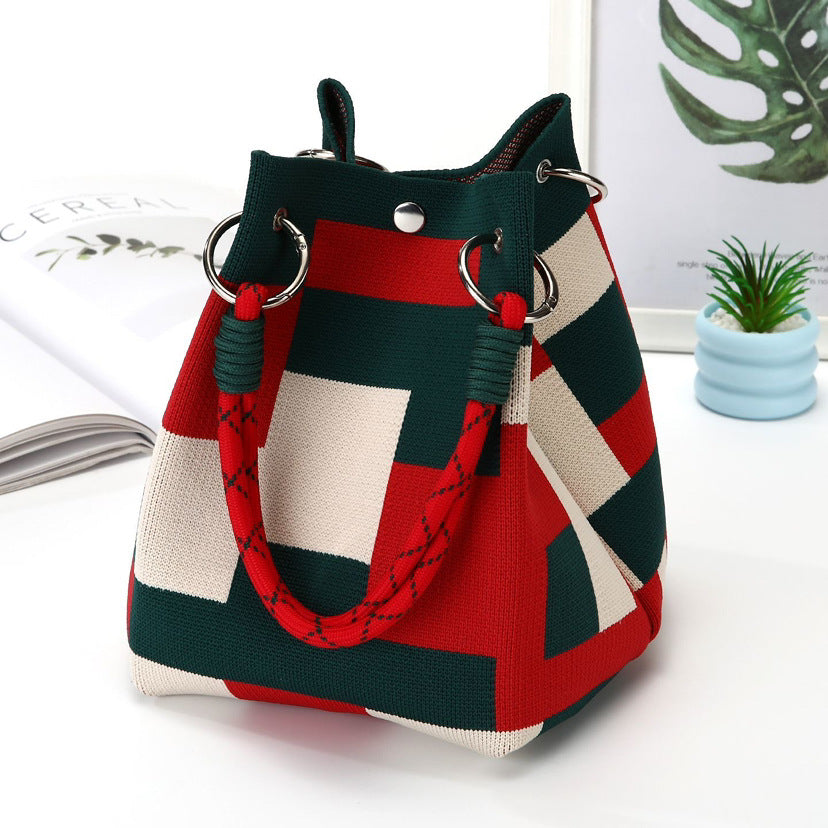 Bolso tote de punto rojo para mujer con cierre magnético y gran capacidad.