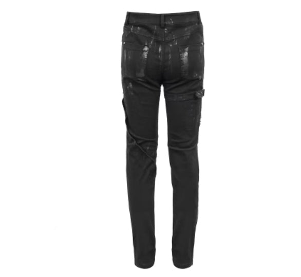 Pantalones Punk Mecha para hombre, pantalones casuales ajustados con aspecto de mezclilla desgastada lavada.