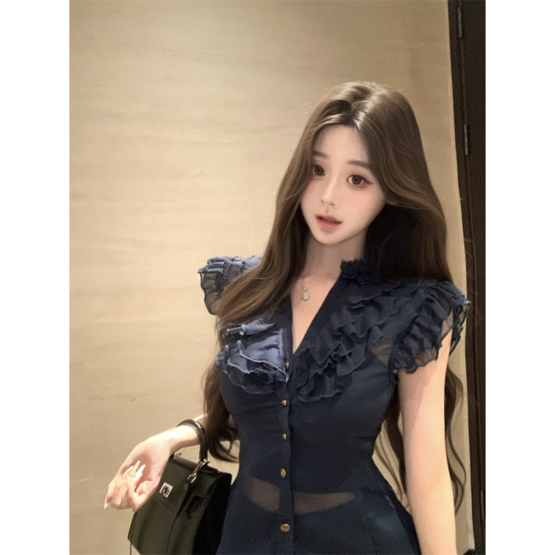 Ruffled French-collar Cap-sleeve Chiffon Blouse