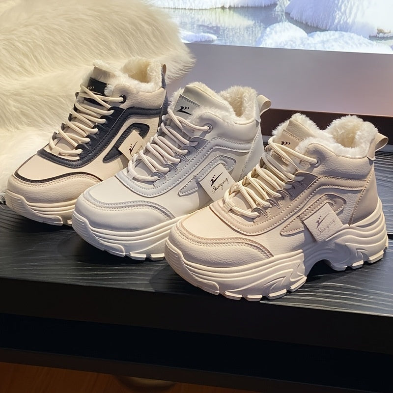 Zapatos deportivos de caña alta, informales y cálidos de algodón con forro polar para mujer