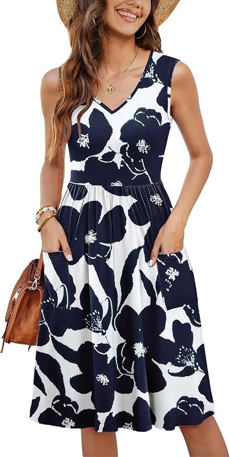 Vestido informal de mujer con cuello en V y bolsillos florales para vacaciones