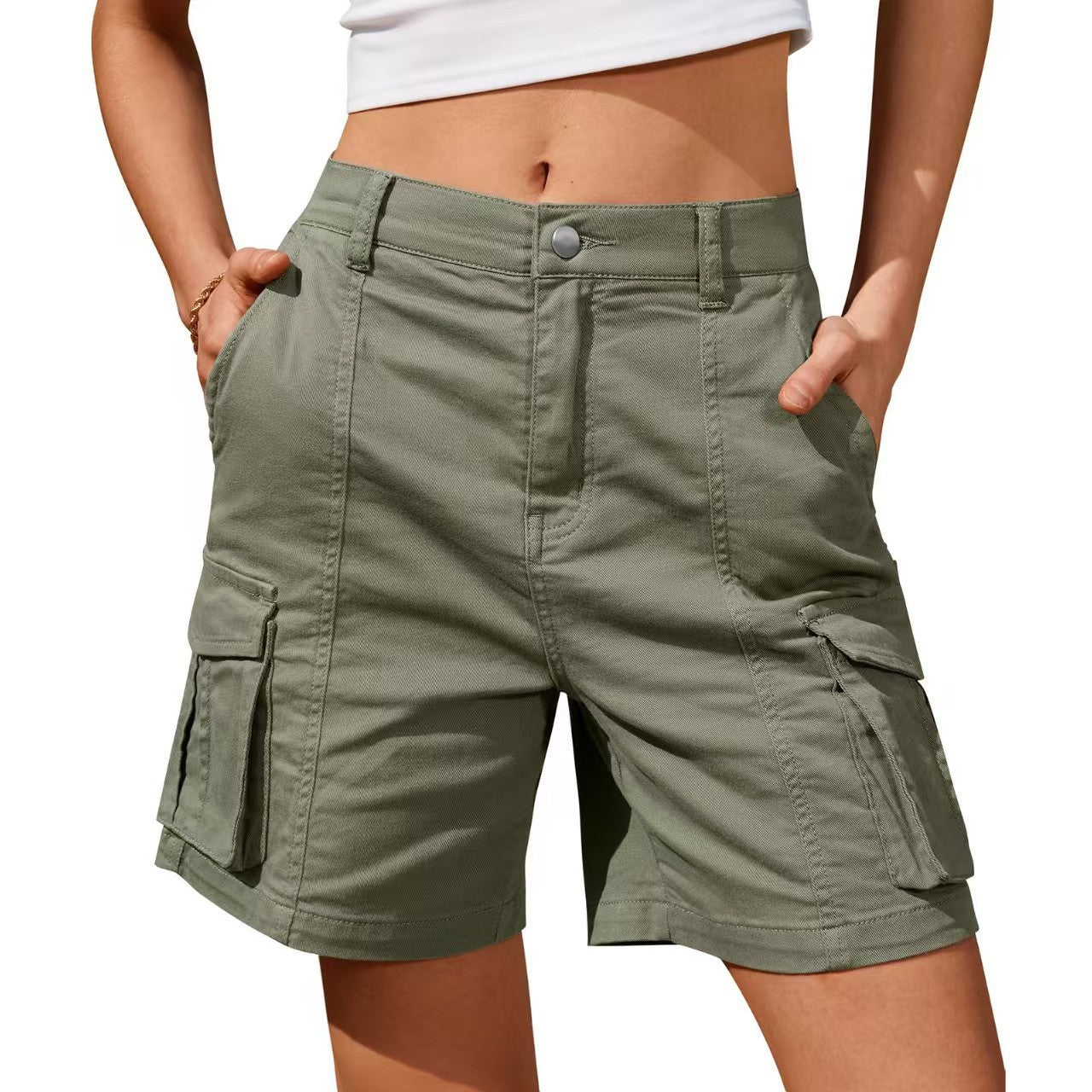 Pantalones casuales de color liso para mujer con bolsillos y botones tridimensionales
