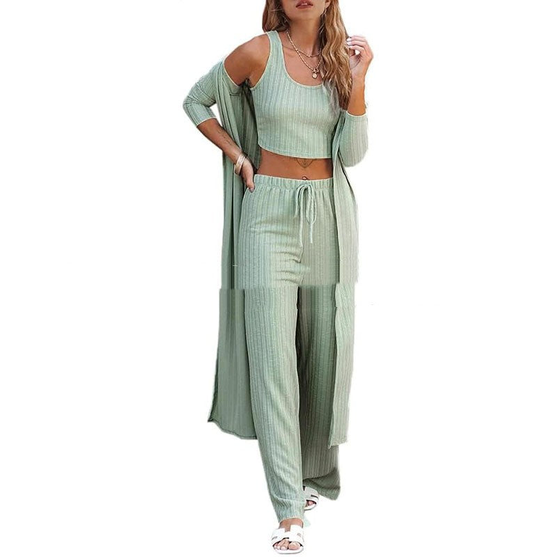 Conjunto de ropa de estar por casa para mujer de tres piezas: chaleco, pantalón y bata