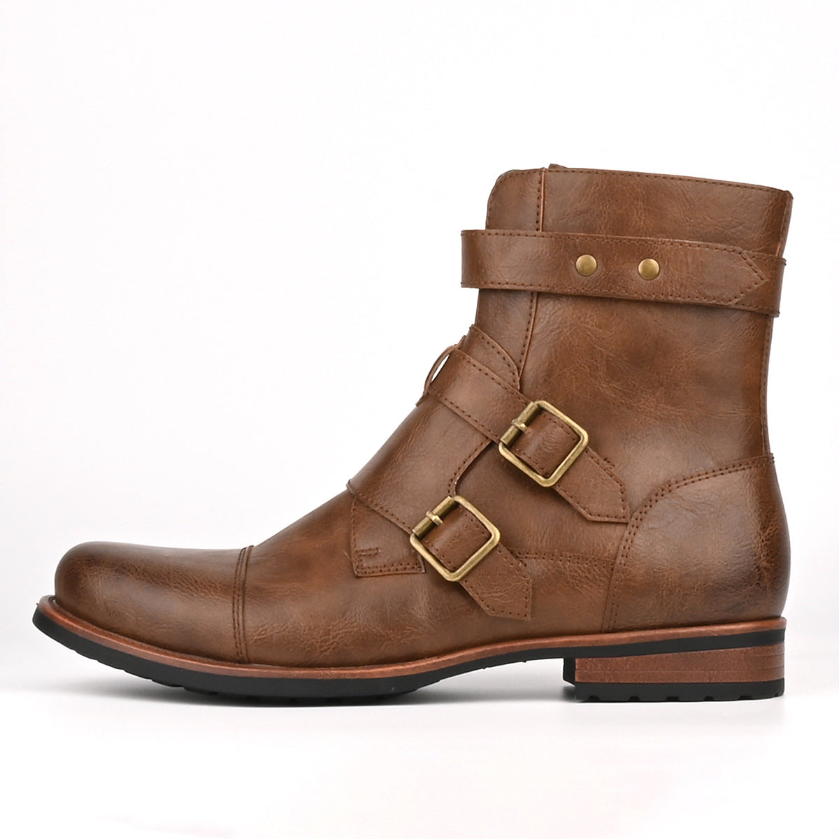 Botas vaqueras minimalistas vintage para hombre, de tacón bajo, con cremallera lateral y hebilla metálica