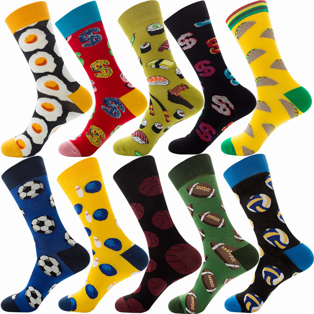 Calcetines de otoño para hombre con estampado de rombos y temática navideña de animales y frutas.