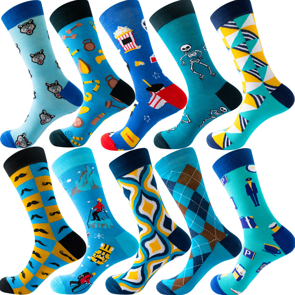 Calcetines de otoño para hombre con estampado de rombos y temática navideña de animales y frutas.