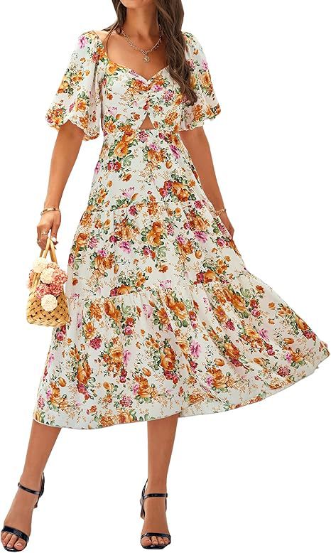 Floral Pleated Puff Sleeve Dress