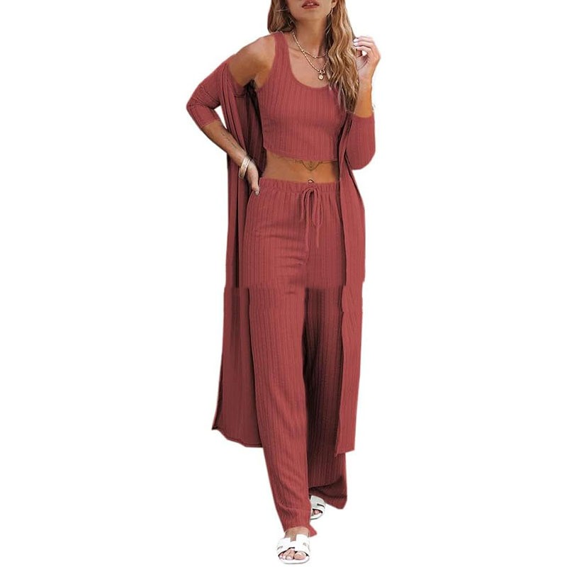 Conjunto de ropa de estar por casa para mujer de tres piezas: chaleco, pantalón y bata