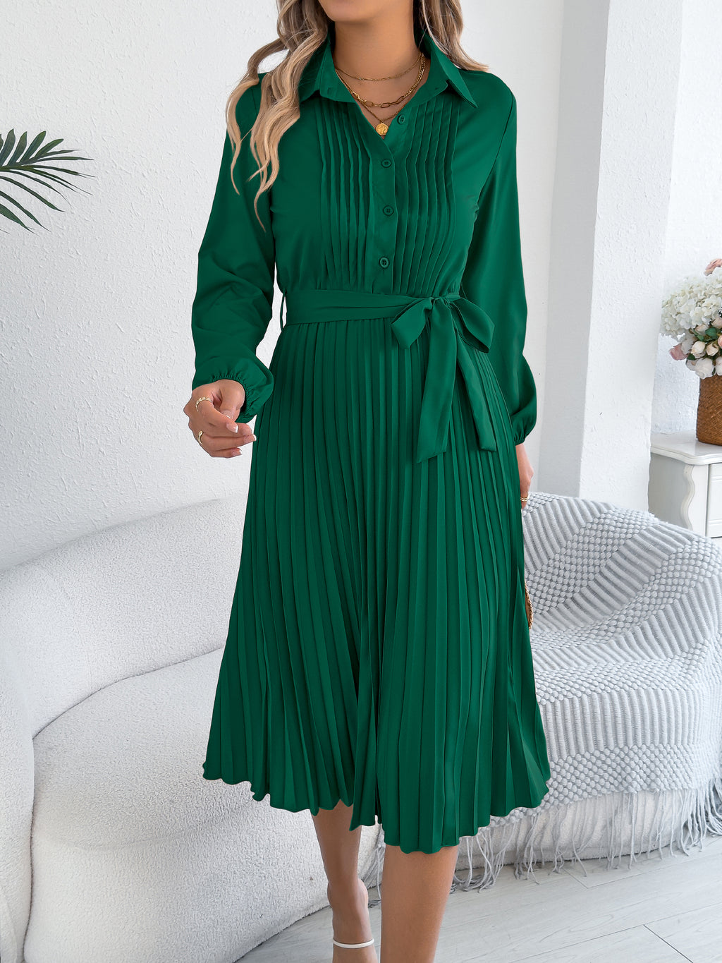 Vestido plisado elegante de color liso con solapa, manga larga y lazo en la cintura para mujer