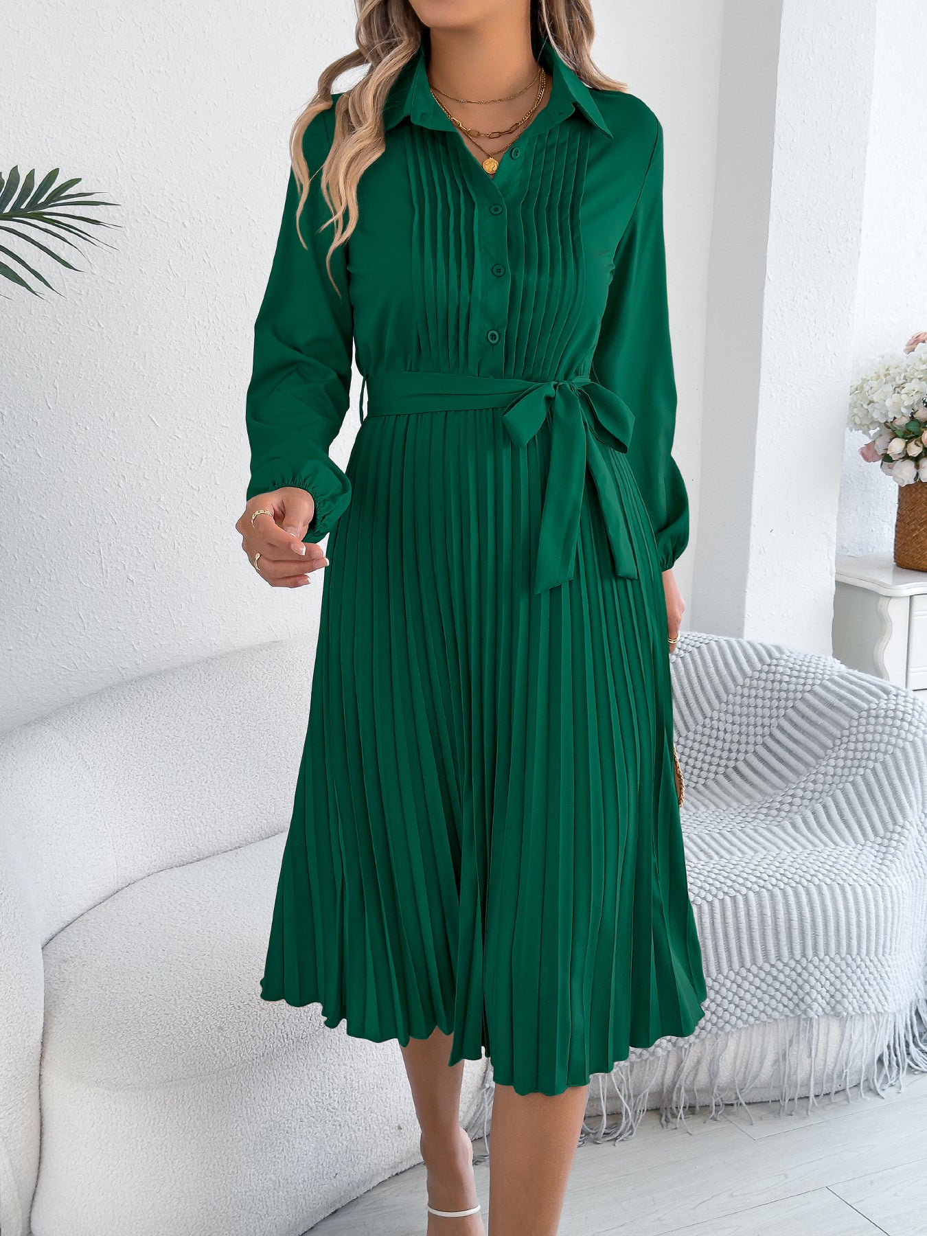 Vestido plisado elegante de color liso con solapa, manga larga y lazo en la cintura para mujer