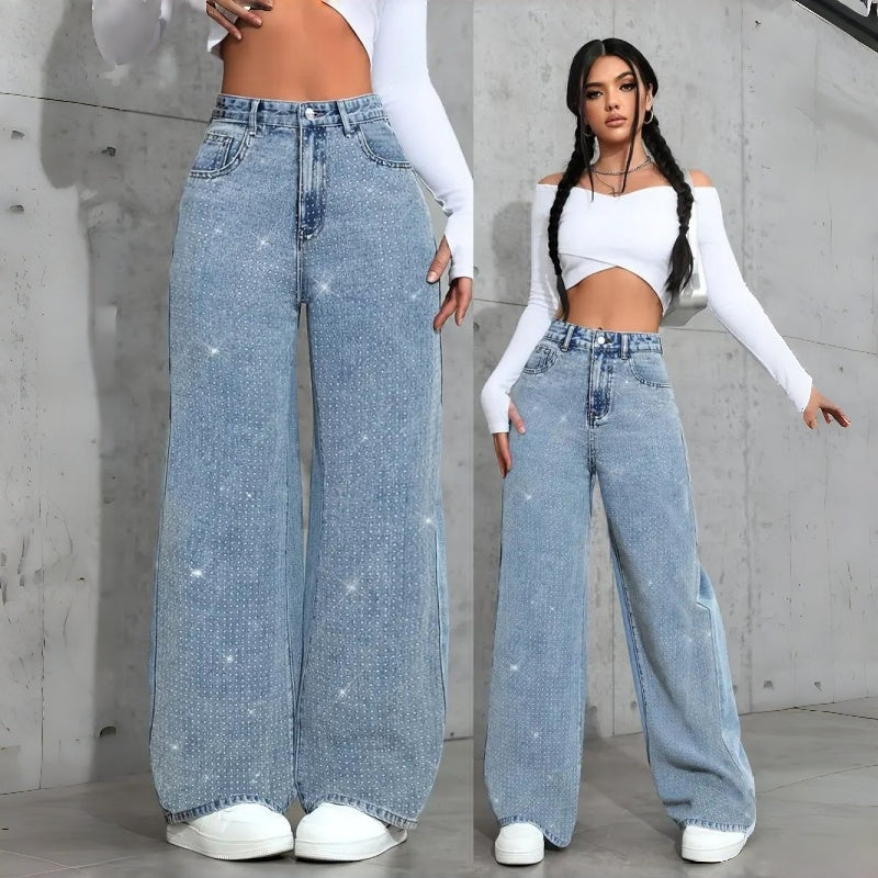 Women's Loose Mid-Waist Stretch Straight Jeans With Rhinestones