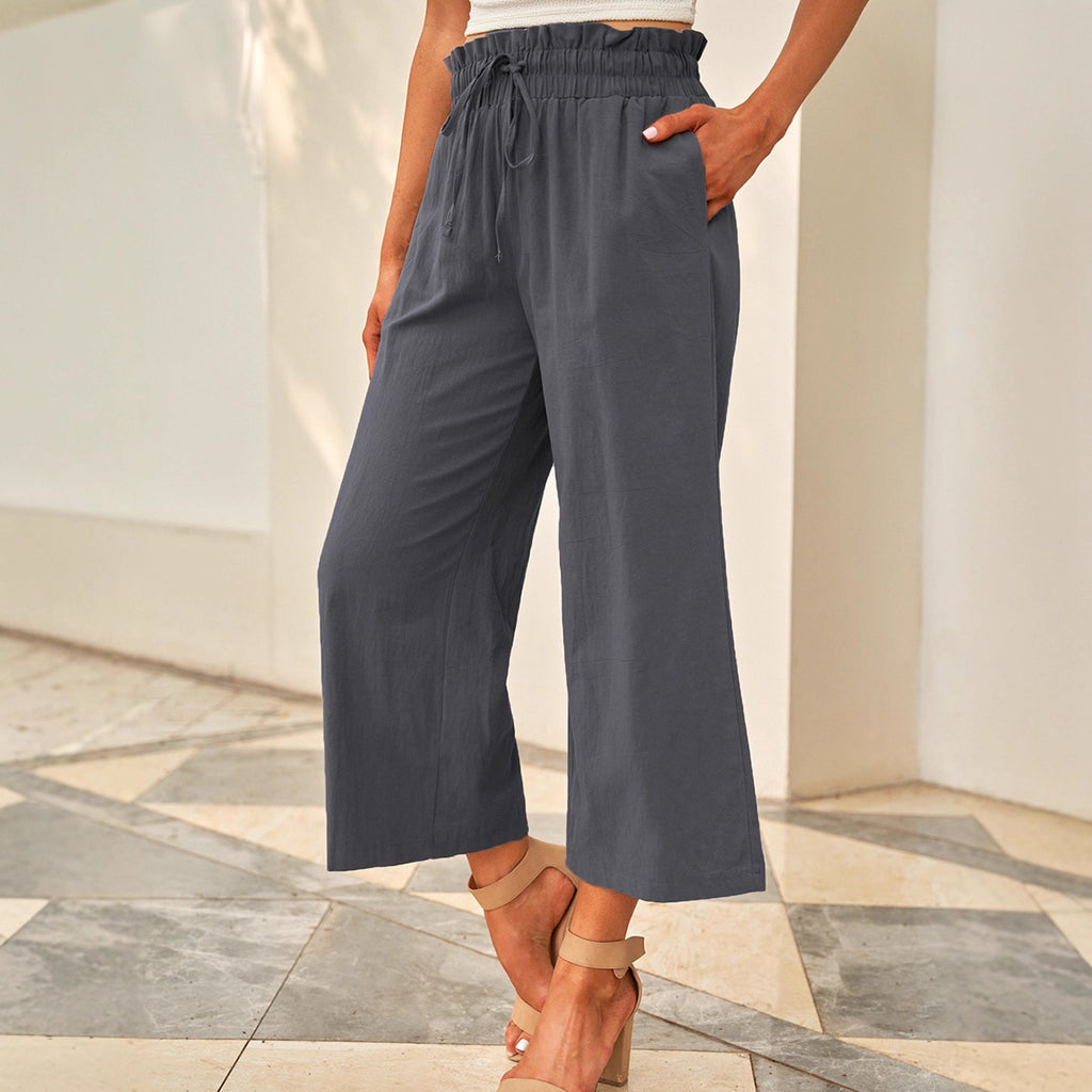Pantalones casuales con cintura elástica y cordón para mujer, pantalones anchos