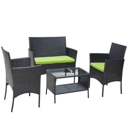 Juego de 4 muebles de patio de ratán con asiento acolchado para exteriores, sofá de mimbre con cojín verde