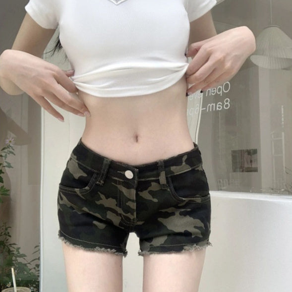 Shorts cargo de mezclilla de camuflaje elásticos ajustados para mujer