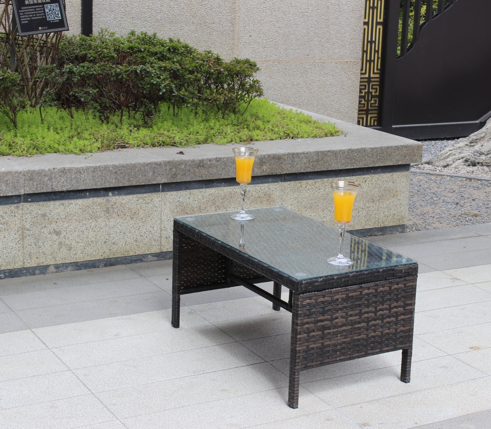 Muebles de exterior para patio, 1 mesa de centro con vidrio templado transparente