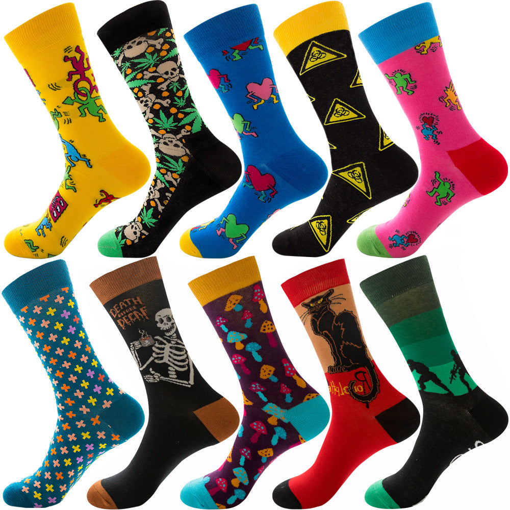 Calcetines de otoño para hombre con estampado de rombos y temática navideña de animales y frutas.