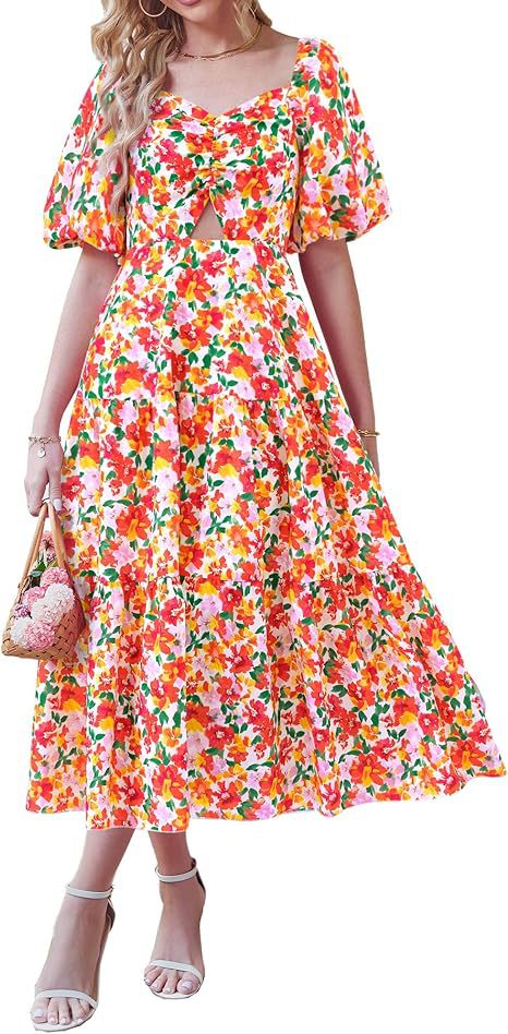 Floral Pleated Puff Sleeve Dress