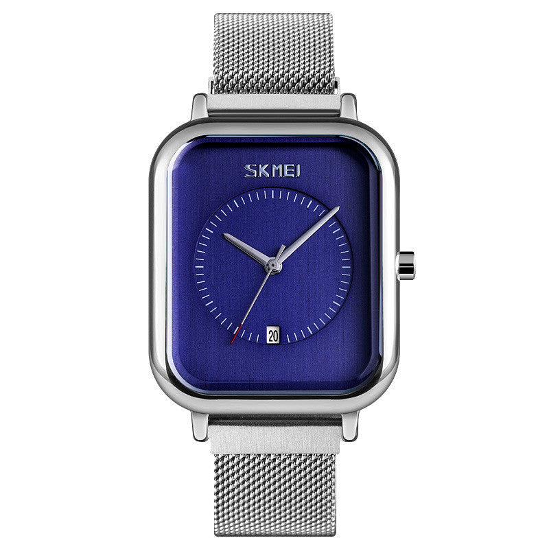 Reloj de cuarzo cuadrado de moda para hombre, con correa de malla, resistente al agua y calendario.