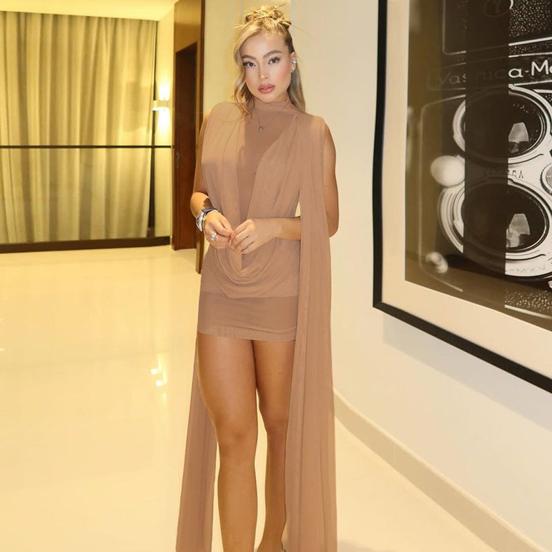 Vestido sexy de malla con retazos y ribete de cinta para mujer