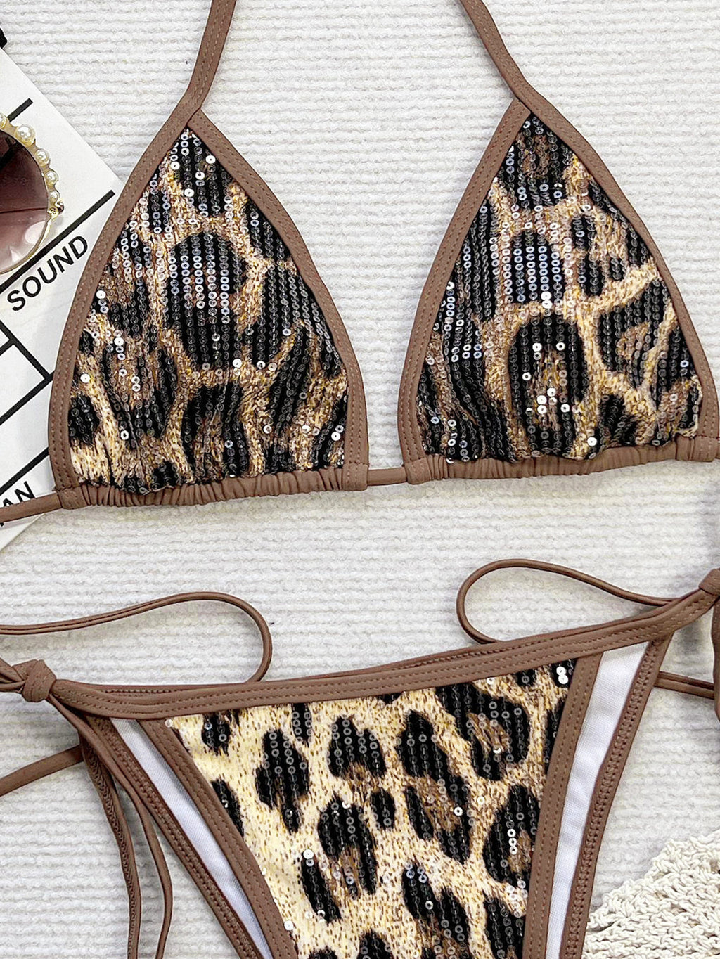 Leopard-print Sequin Low-rise Underwear And Bra Set